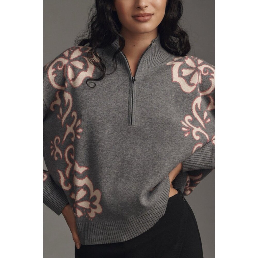 Anthropologie Montana Mock Neck Sweater Maeve Half Zip Up Grey Pink Womens XS - Picture 10 of 11